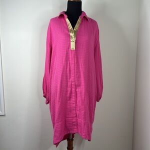 Holly Shae Design Tunic Hot Pink Metallic Gold Popover Cover-Up Dress O/S